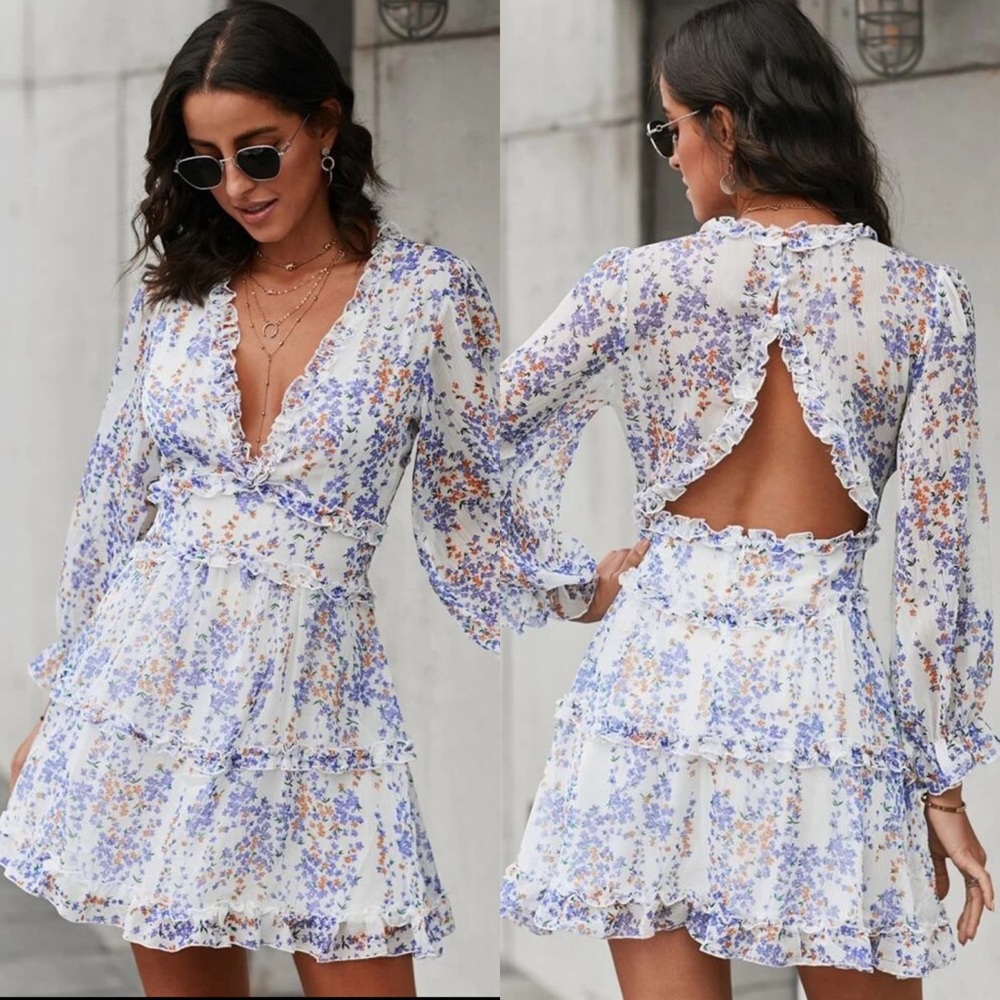 Boho floral Print Ruffle Long Sleeve dress white - Picture 4 of 4